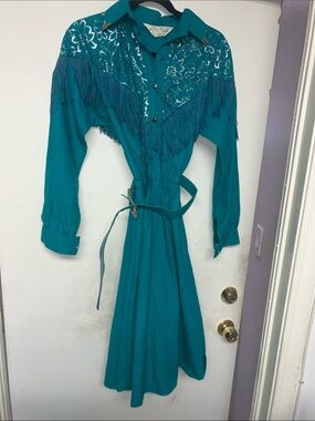 Vintage western 80s Teal Long-Sleeve Fringe Dress with Sequin Yoke